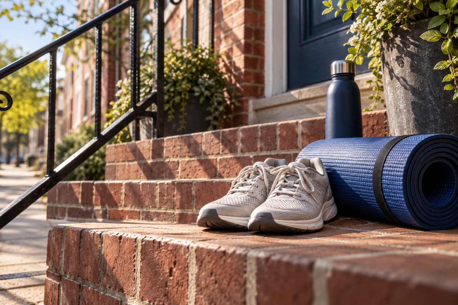 Walking shoes and a yoga mat on a brick doorstep